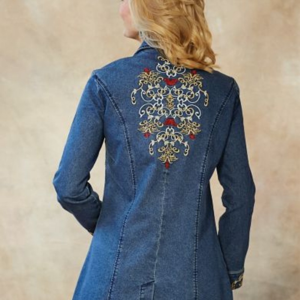 NWT Embroidered long denim jacket, stretchy